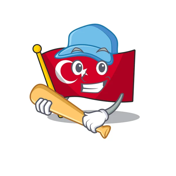 Spelen honkbal vlag Turkije karakter op gevormde cartoon — Stockvector