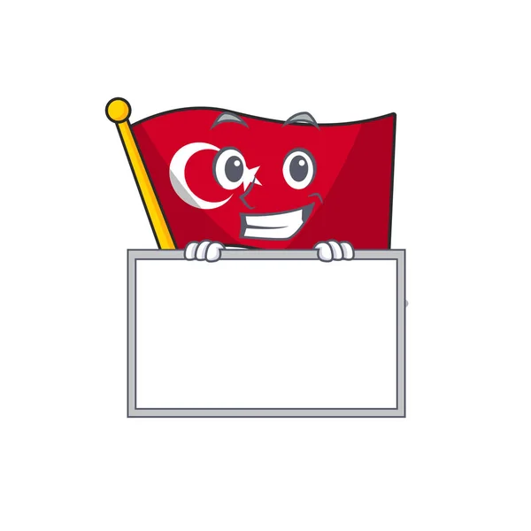 Grinning met Board vlag Turkije karakter op gevormde cartoon — Stockvector
