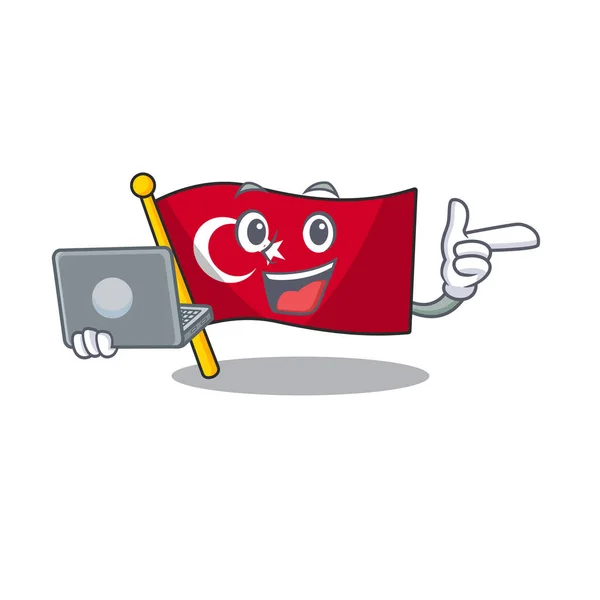 Met laptop vlag Turkije karakter op gevormde cartoon — Stockvector