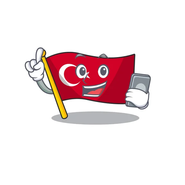 Met telefoon vlag Turkije karakter op gevormde cartoon — Stockvector