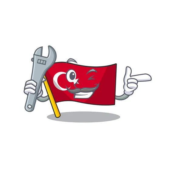 Monteur Turkije karakter vlag in mascotte lade — Stockvector