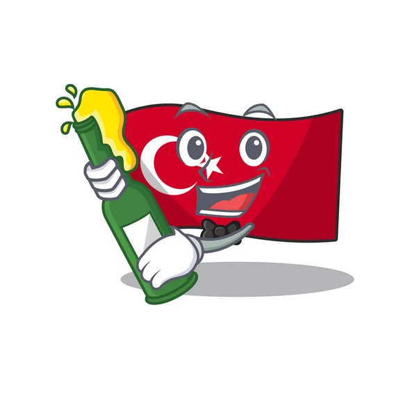 Con bandiera personaggio tacchino birra nel cassetto della mascotte — Vettoriale Stock