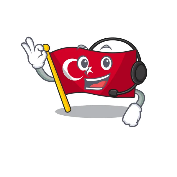 Met hoofdtelefoon Turkije karakter vlag in mascotte lade — Stockvector