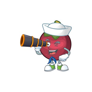 Maskot izole binoküler mangosten meyve çizgi film karakteri ile Denizci