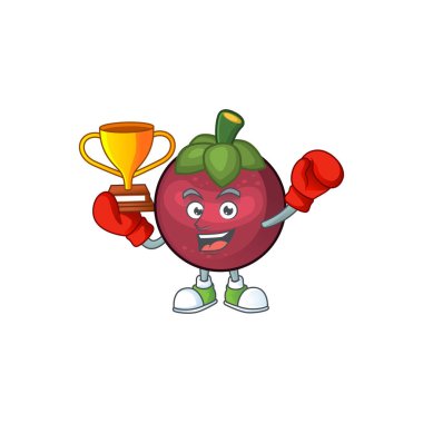 Boks kazanan karikatür mangosteen beyaz arka plan izole