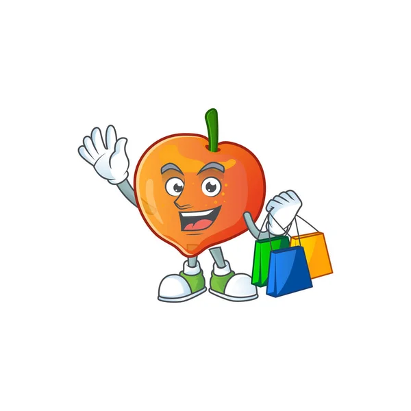 Compras nectarina personagem mascote forma engraçada desenhos animados . — Vetor de Stock
