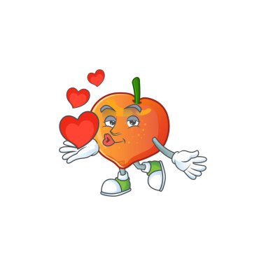 Beyaz bir arka plan üzerinde kalp nektarin çizgi film karakteri ile