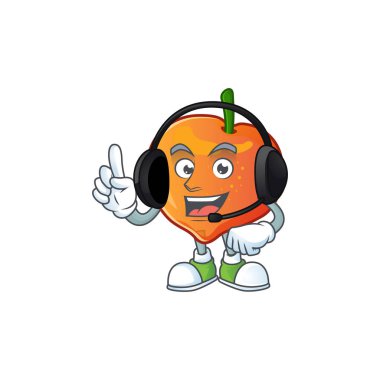 Karikatür tarzı kulaklık tatlı nektarin karakter maskot ile