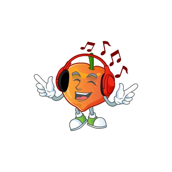 Ouvindo música nectarina personagem de desenho animado em um fundo branco — Vetor de Stock
