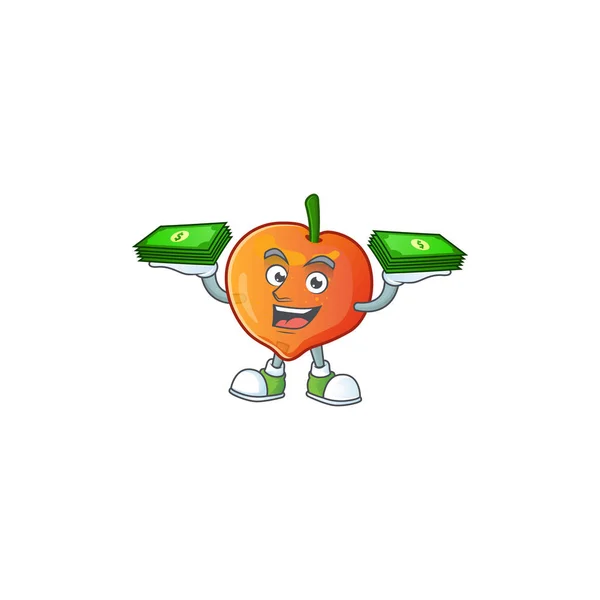 Com dinheiro saco nectarine personagem de desenho animado em um fundo branco —  Vetores de Stock