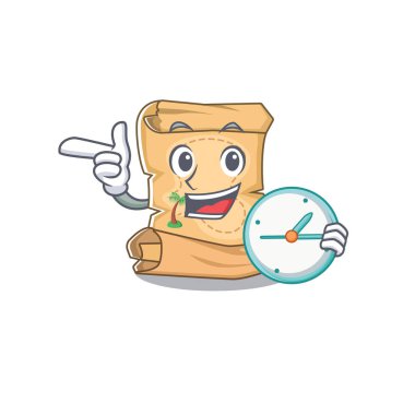 Karakter çantasında saat maskotu hazine haritası ile