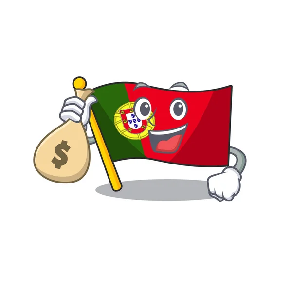 Con bandera bolsa de dinero portugal personaje en forma de dibujos animados — Vector de stock