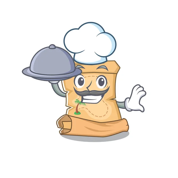 Chef com comida mapa tesouro desenhos animados em forma de personagem — Vetor de Stock