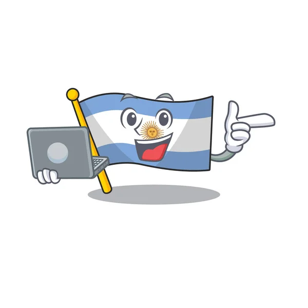 Con la bandiera del computer portatile argentina cartoon la mascotte sagomata — Vettoriale Stock