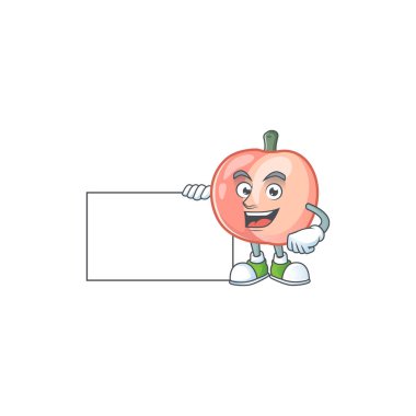 Beyaz arka plan üzerinde izole kurulu karikatür şeftali ile Thumbs up