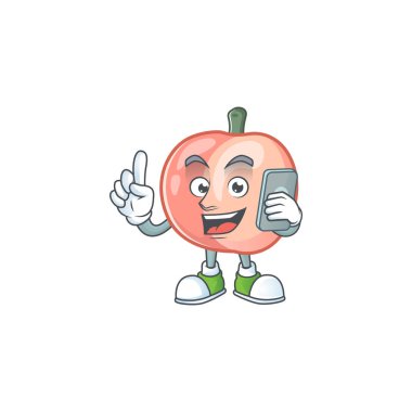 Beyaz arka planda izole telefon karikatür şeftali ile