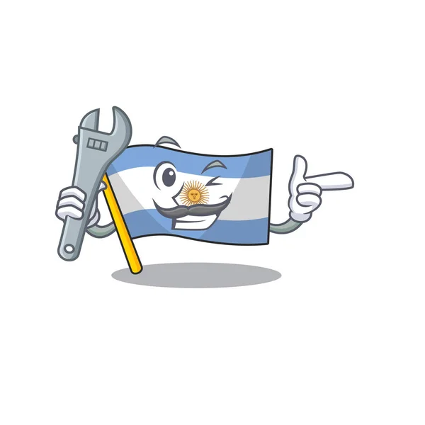 Bandeira de mascote mecânico argentina mantida na gaveta dos desenhos animados — Vetor de Stock