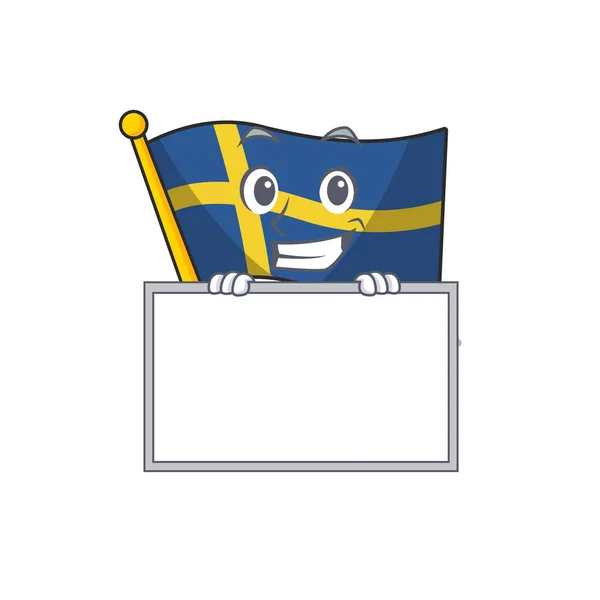 Grinning met Board vlag Zweden karakter gehesen in Cartoon Pole — Stockvector