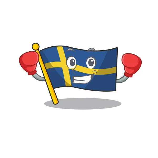 Drapeau de boxe personnage suédois hissé dans le mât de dessin animé — Image vectorielle
