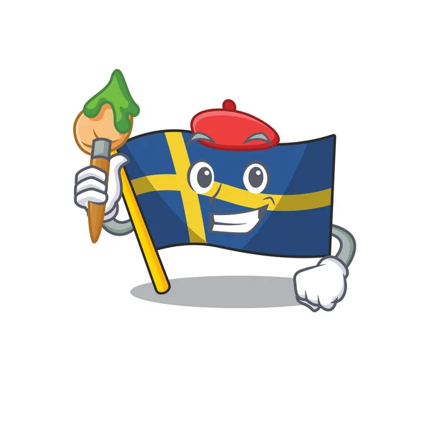 Artysta flaga Szwecji charakter podnoszony w kreskówce kreskówki — Wektor stockowy