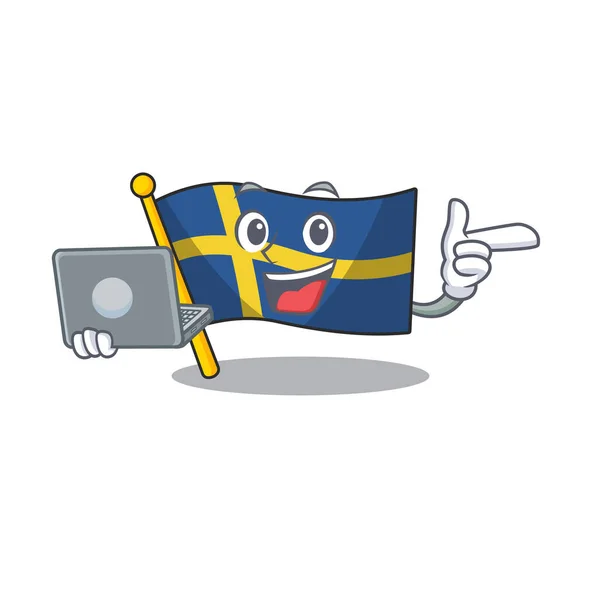 Z flagą laptopa Szwecji charakter podnoszony w słupie kreskówki — Wektor stockowy