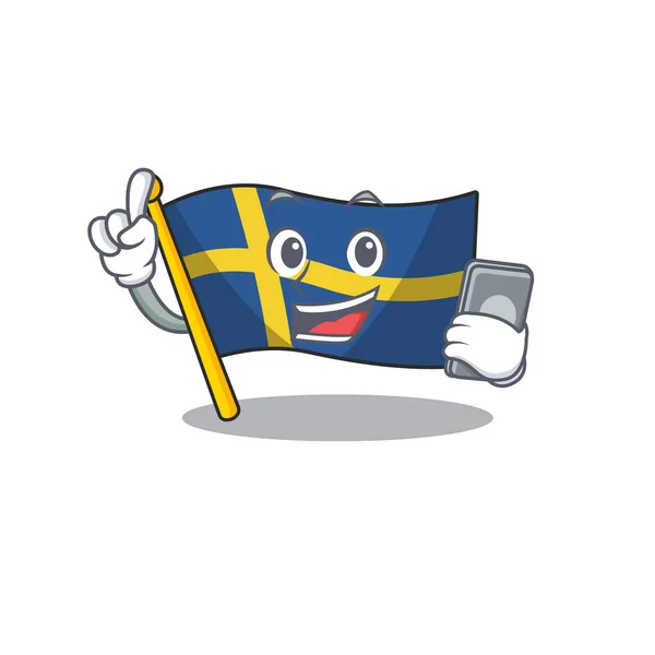 Dengan bendera telepon karakter sweden dikibarkan di tiang kartun - Stok Vektor