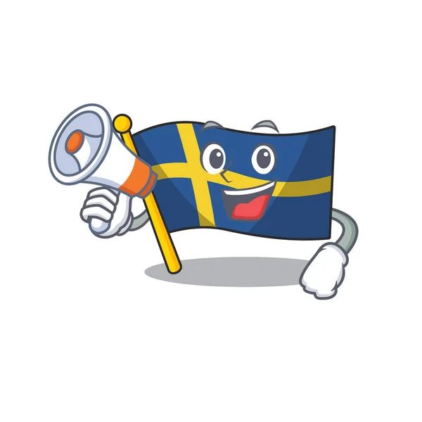 Z megafon flaga Szwecji charakter podnoszony w kreskówce kreskówki — Wektor stockowy