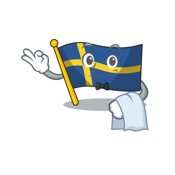 Maskot şekli ile Garson bayrak İsveç — Stok Vektör