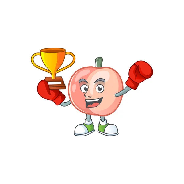 Tinju pemenang buah persik karakter segar dengan maskot - Stok Vektor
