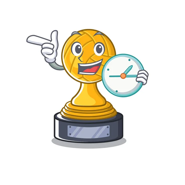 Com o troféu dos desenhos animados do vôlei do relógio no armário da mascote — Vetor de Stock