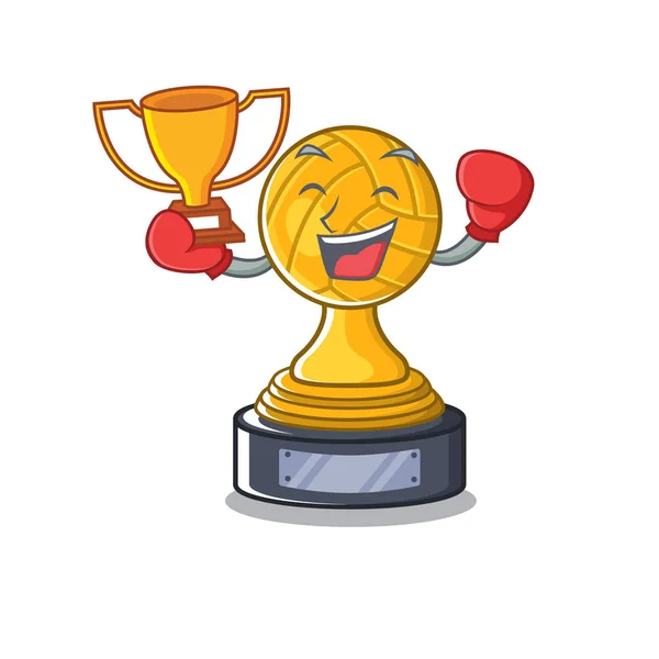 Boxeo ganador trofeo de voleibol de dibujos animados se muestra por encima de la tabla de personajes — Vector de stock