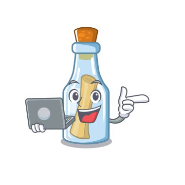 Karikatür ile izole şişe dizüstü mesajı ile