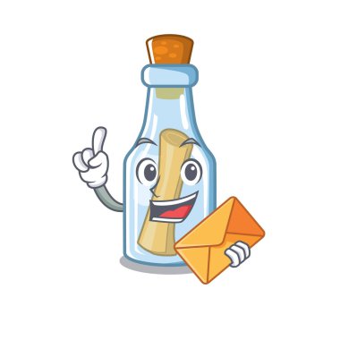 Karikatür üzerinde şişe içinde zarf mesajı ile