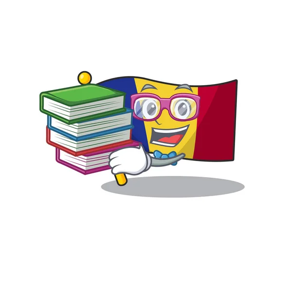 Étudiant avec livre drapeau roumain hissé sur le mât de caractère — Image vectorielle