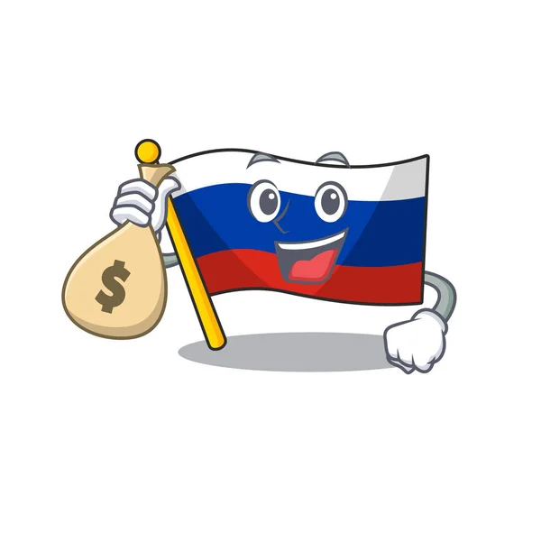 Com dinheiro saco russo mascote bandeira em forma de personagem — Vetor de Stock