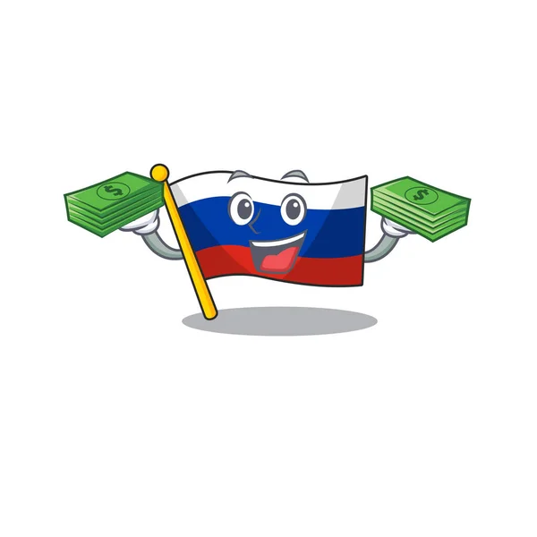 Com dinheiro saco mascote bandeira russa içada no pólo — Vetor de Stock