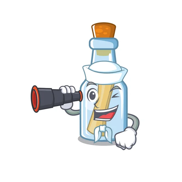 Matelot avec message binoculaire en bouteille sur un personnage — Image vectorielle