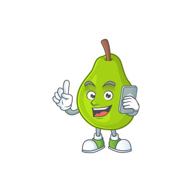 Beyaz arka plan üzerinde telefon karikatür guava maskotu ile