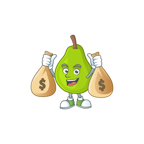 Con sacchetto di soldi cartoon guava mascotte su sfondo bianco — Vettoriale Stock
