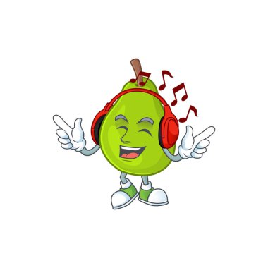 Müzik dinle guava meyve olgun maskot karikatür tarzı.