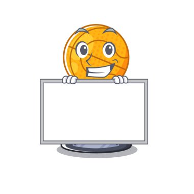 Maskot izole kurulu basketbol kupası ile Grinning