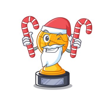 Ahşap masa karakteri üzerinde şeker basketbol kupa ile Santa