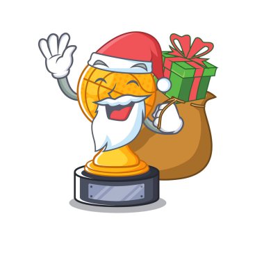 Ahşap masa karakteri üzerinde hediye basketbol kupa ile Santa