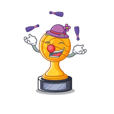 Ahşap masa karakteri üzerinde hokkabazlık basketbol kupası