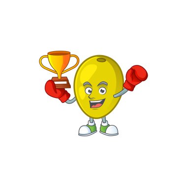 Maskot karikatür boks kazanan taze zeytinyağı