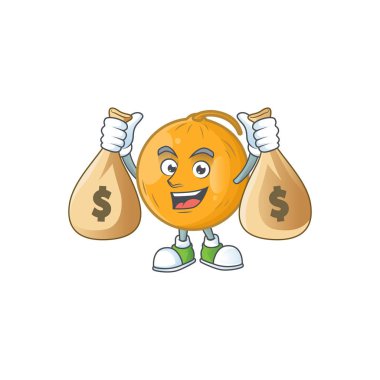 Maskot ile para çantası casaba kavun çizgi film karakteri ile