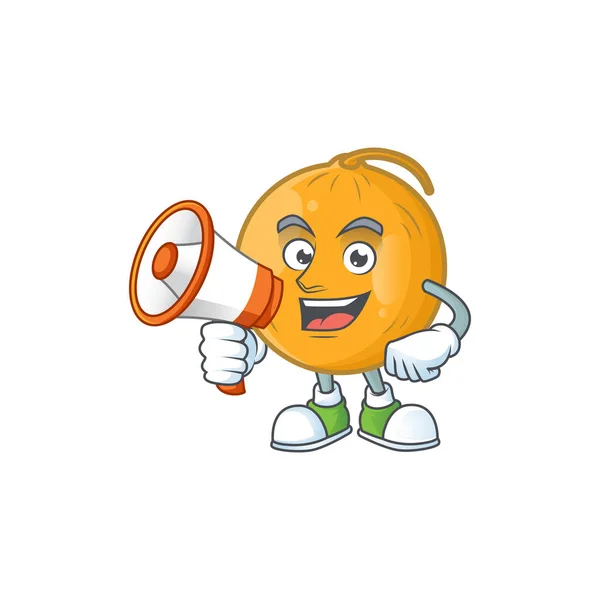 Dengan karakter kartun medeaphone casaba melon dengan maskot - Stok Vektor