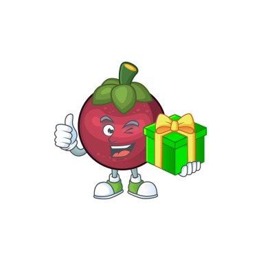 Hediye mangosten meyve çizgi film karakteri maskot izole ile