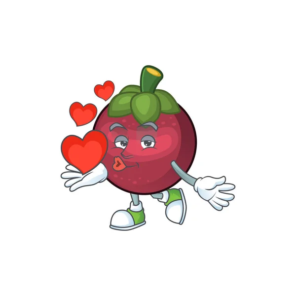 With heart mangosteen fruit cartoon character isolated on mascot — Stock Vector