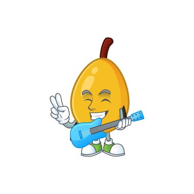 Diyet gıda için gitar loquat karikatür maskotu ile.